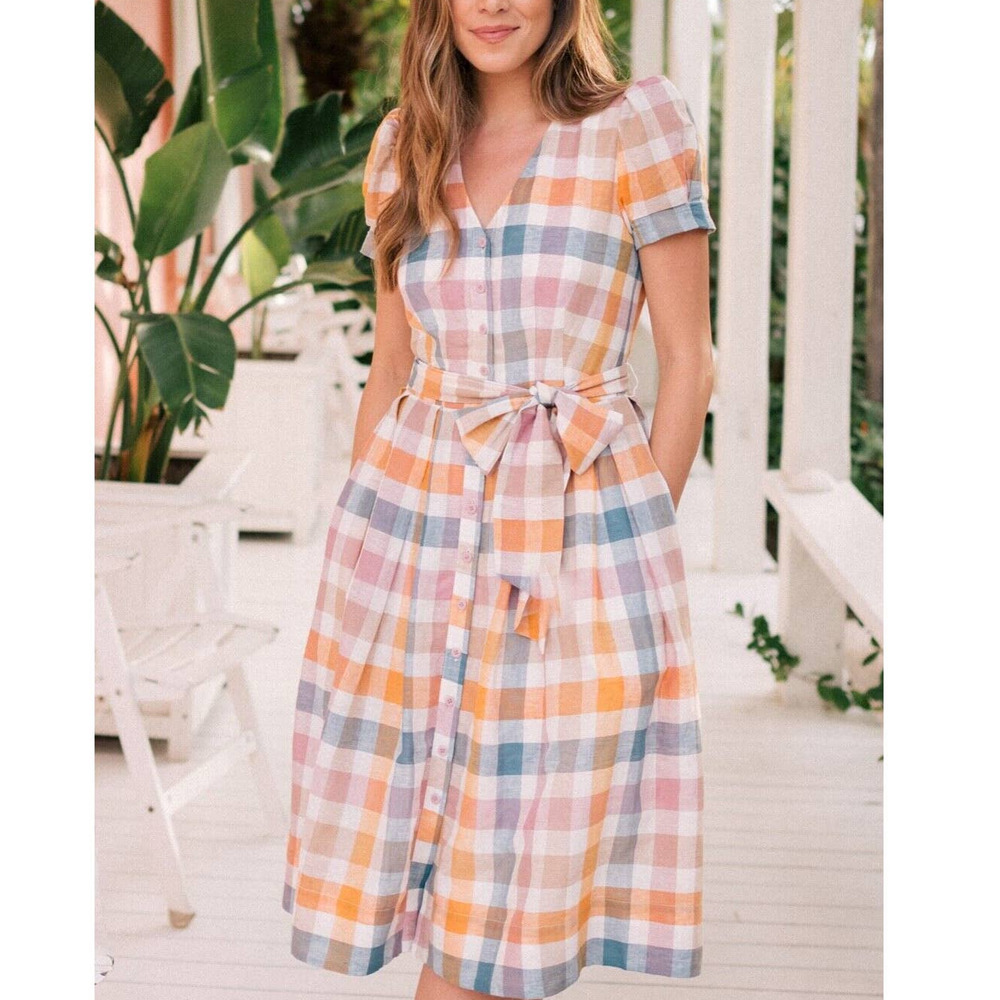 Gal Meets Glam Poppy Gingham Linen Button Down Shirtdress Size 4